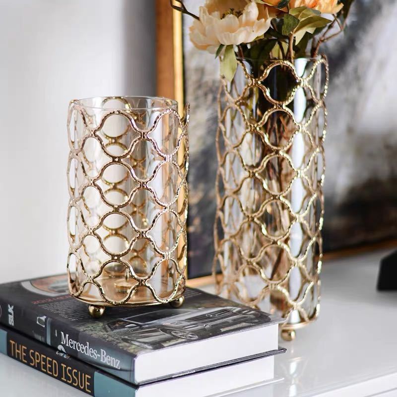 Hollow Out Glass Vases with Intricate Metal Accents