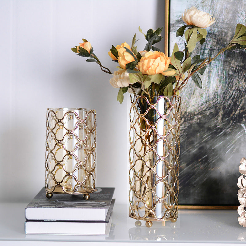 Hollow Out Glass Vases with Intricate Metal Accents